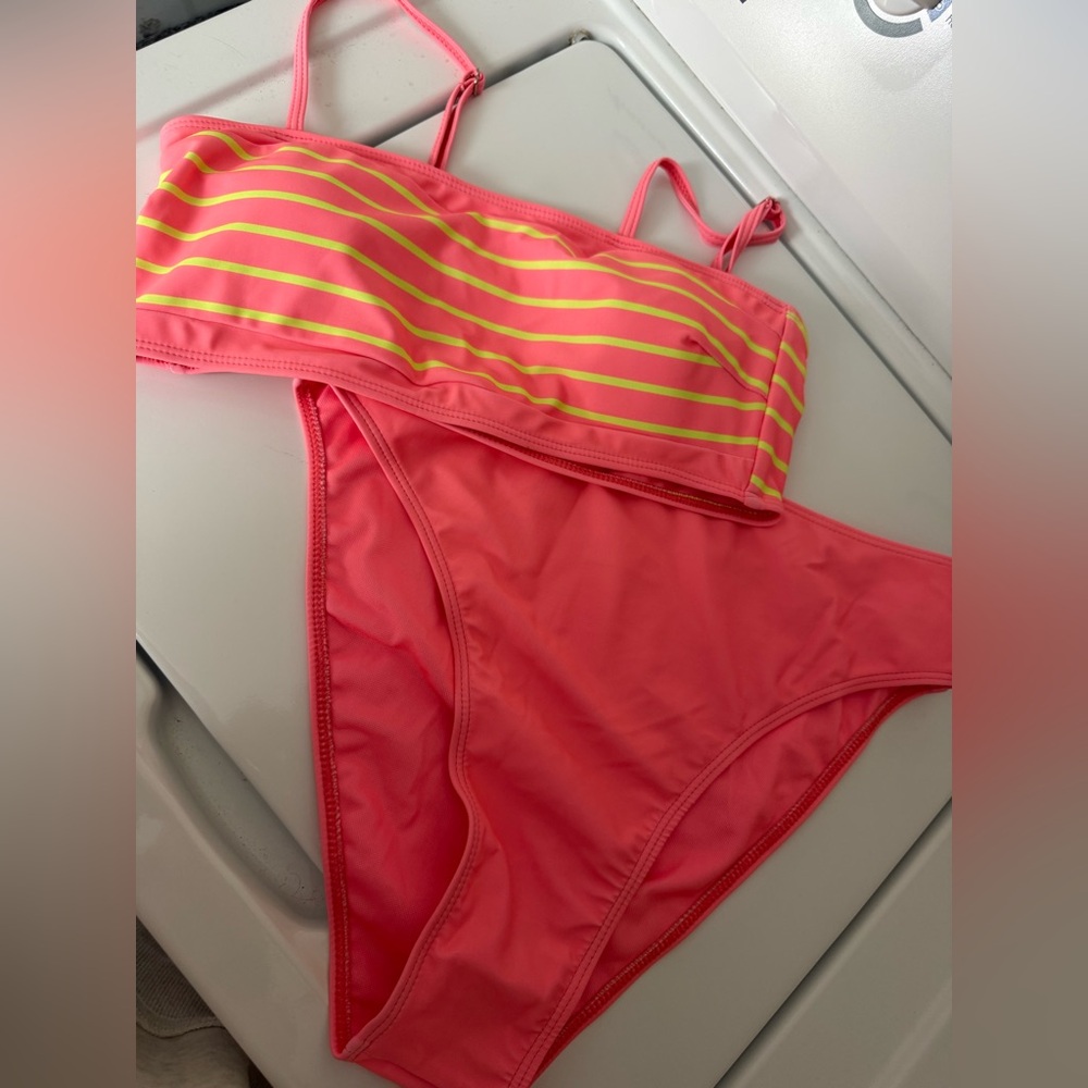 Pink Lily NEW Coral Pink Two-Piece Bikini with Neon Yellow Stripes